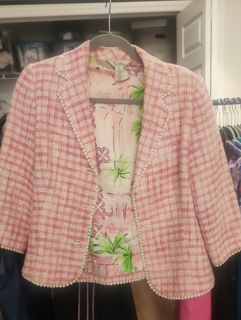 LP Sz8 3/4 Sleeve Vintage Inspired Pink Tweed Boucle Cropped Blazer